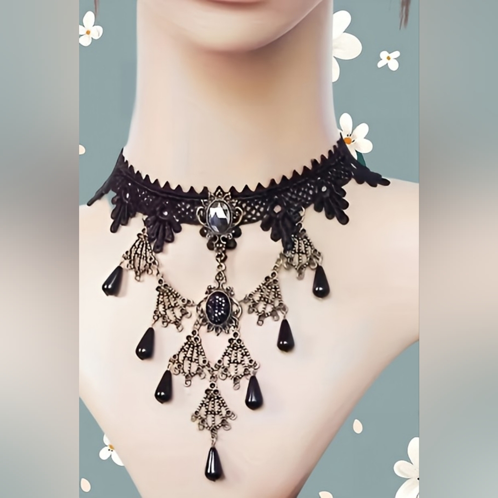 Vintage Gothic Black Lace Choker Necklace W/ Antique Filigree &Teardrop